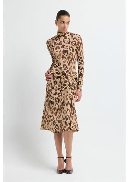 Yırtmaçlı Örme Elbise Leopar Kahve 12445785000