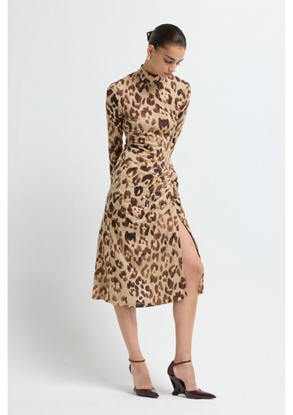 Yırtmaçlı Örme Elbise Leopar Kahve 12445785000 fırsatları
