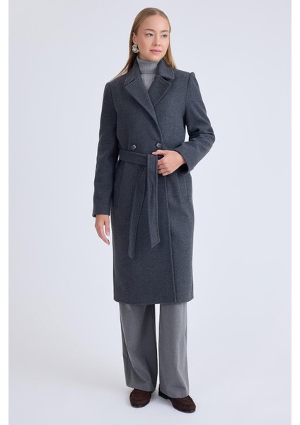 Önden Düğmeli Beli Kuşaklı Uzun Kaşe Kaban indirimleri