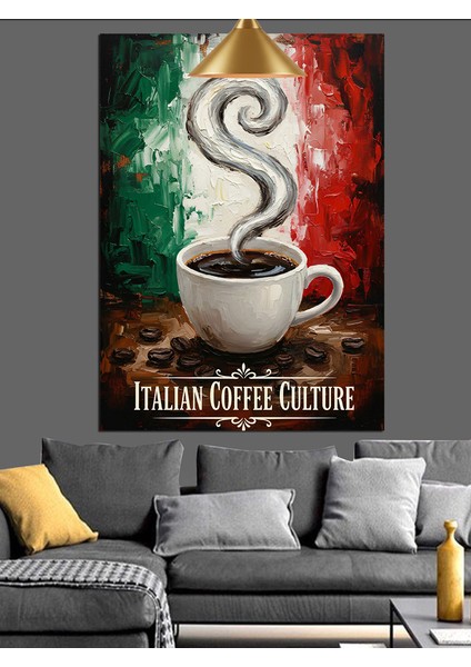Kahve Fincanı Sıcak Buhar Yaşil Beyaz Kırmızı Renk Fonlu Afiş Dekoratif Kanvas - Mdf Ahşap Tablo