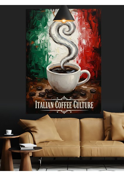 Kahve Fincanı Sıcak Buhar Yaşil Beyaz Kırmızı Renk Fonlu Afiş Dekoratif Kanvas - Mdf Ahşap Tablo indirimleri