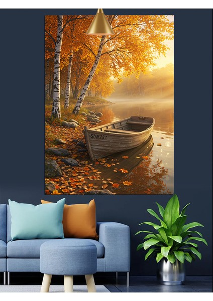 Sonbahar Ağaçları ve Göl Kenarındaki Sandal Dekoratif Kanvas - Mdf Ahşap Tablo