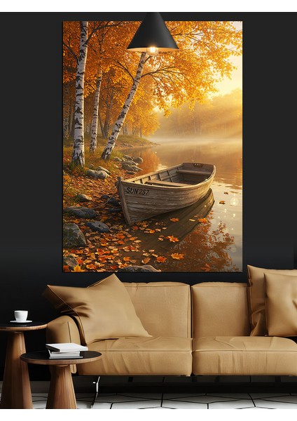 Sonbahar Ağaçları ve Göl Kenarındaki Sandal Dekoratif Kanvas - Mdf Ahşap Tablo fiyatları