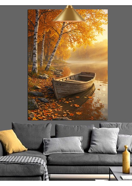 Sonbahar Ağaçları ve Göl Kenarındaki Sandal Dekoratif Kanvas - Mdf Ahşap Tablo modelleri