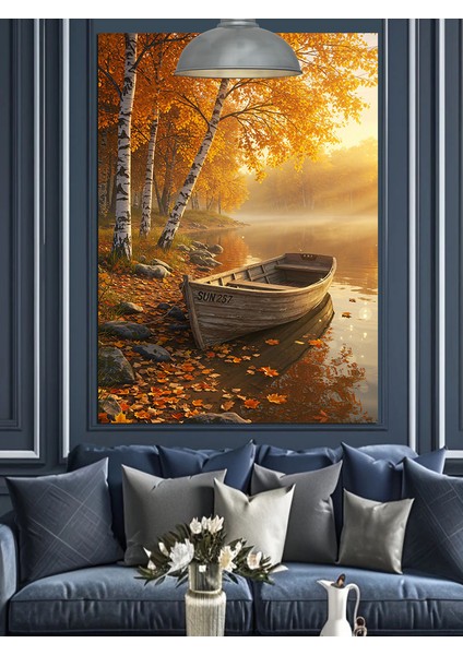 Sonbahar Ağaçları ve Göl Kenarındaki Sandal Dekoratif Kanvas - Mdf Ahşap Tablo fırsatları