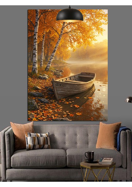 Sonbahar Ağaçları ve Göl Kenarındaki Sandal Dekoratif Kanvas - Mdf Ahşap Tablo indirimleri