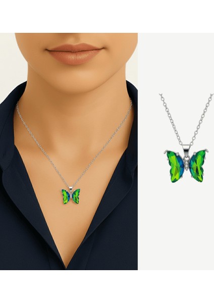 Kadın Çelik Kolye - Kelebek Tasarım - Yeşil Turkuaz Zirkon Taşlı - Gümüş Renk fiyatları