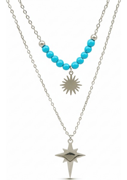 Kadın Çelik Kolye - Kuzey Yıldızı Tasarım - Firuze Taşlı - Gümüş Renk