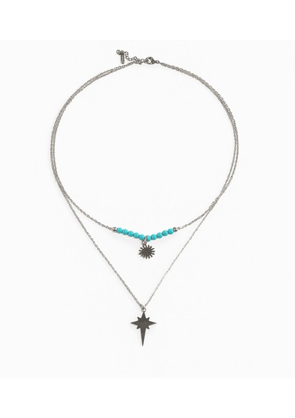 Kadın Çelik Kolye - Kuzey Yıldızı Tasarım - Firuze Taşlı - Gümüş Renk indirimleri