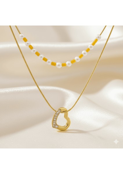 Kadın Çelik Kolye - Snake Zincirli - Kalp Tasarım - Inci Kombinasyonlu - Altın Renk fırsatları