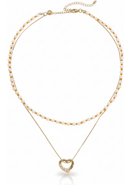Kadın Çelik Kolye - Snake Zincirli - Kalp Tasarım - Inci Kombinasyonlu - Altın Renk indirimleri
