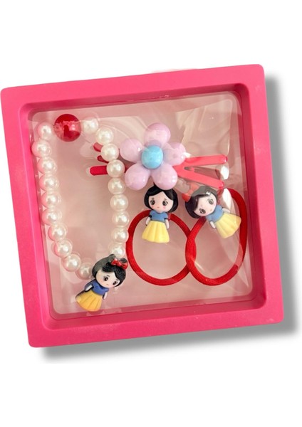 Kare Kutu Içerisinde Mine Kaplamalı Disney Prenses Figürlü Inci Bileklik ve Karışık Figürlü Renk Kız Çocuk Toka Seti