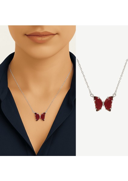 Kadın Çelik Kolye - Kelebek Tasarım - Kırmızı Zirkon Taşlı - Gümüş Renk fiyatları