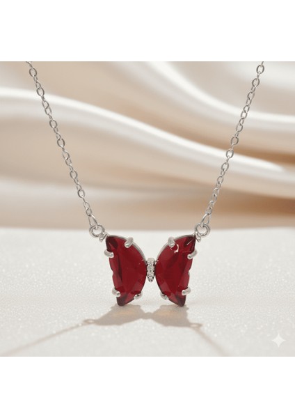 Kadın Çelik Kolye - Kelebek Tasarım - Kırmızı Zirkon Taşlı - Gümüş Renk fırsatları