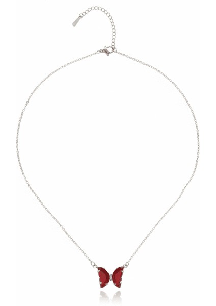 Kadın Çelik Kolye - Kelebek Tasarım - Kırmızı Zirkon Taşlı - Gümüş Renk indirimleri