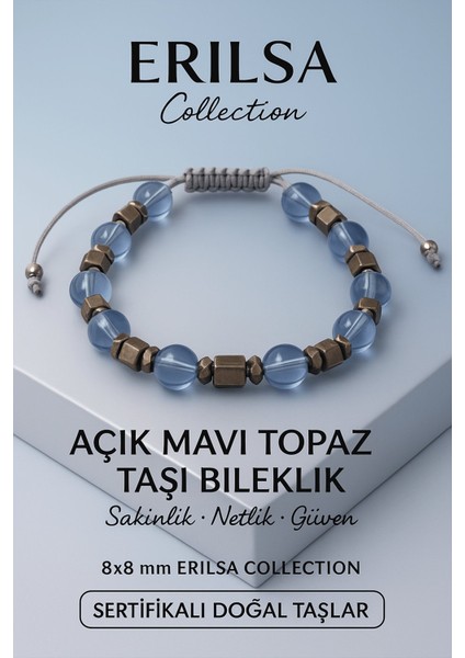 Sertifikalı Açık Mavi Topaz Doğal Taş Bileklik - 8x8 mm Arınma Huzur ve Denge Enerjisi Taşı