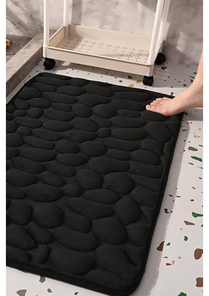 Çakıl Taşları Banyo Kaide Paspas Seti Kaymaz Banyo Paspası Ev Tuvalet Dekoru Su Emici - Siyah