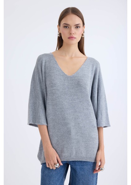 V Yaka Yarım Kol Simli Salaş Bluz