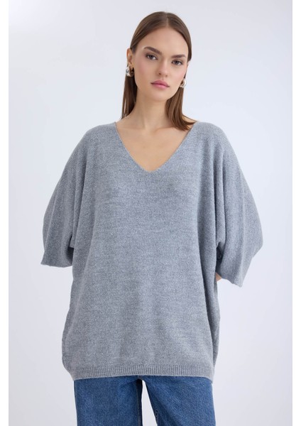 V Yaka Yarım Kol Simli Salaş Bluz modelleri