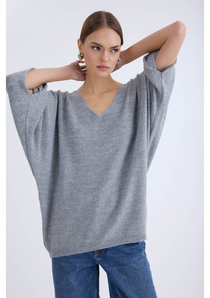 V Yaka Yarım Kol Simli Salaş Bluz