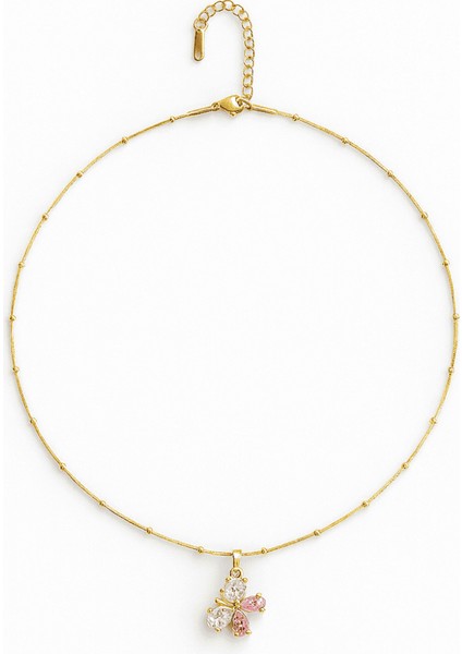 Kadın Çelik Kolye - Kelebek Tasarım - Renkli Zirkon Taşlı - Altın Renk