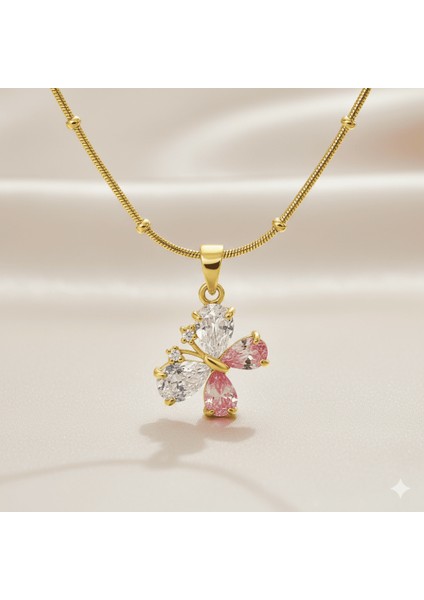 Kadın Çelik Kolye - Kelebek Tasarım - Renkli Zirkon Taşlı - Altın Renk fırsatları