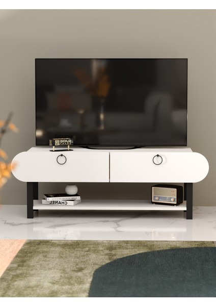 Tv Sehpası Tv Ünitesi Kapaklı Raflı Setro Beyaz