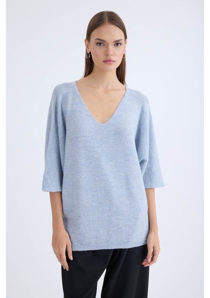 V Yaka Yarım Kol Simli Salaş Bluz