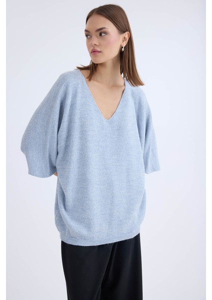 V Yaka Yarım Kol Simli Salaş Bluz modelleri