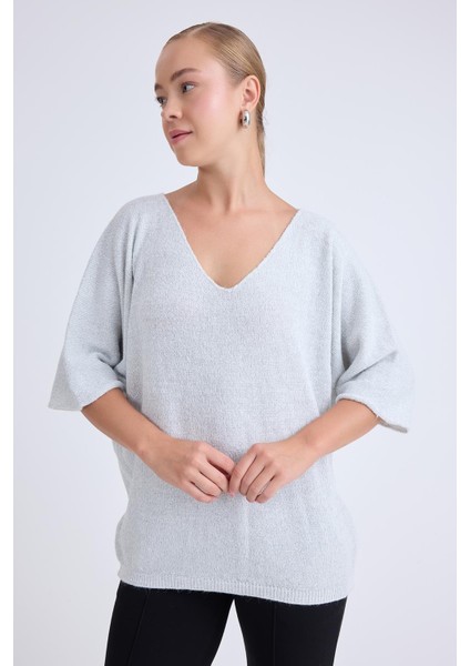 V Yaka Yarım Kol Simli Salaş Bluz