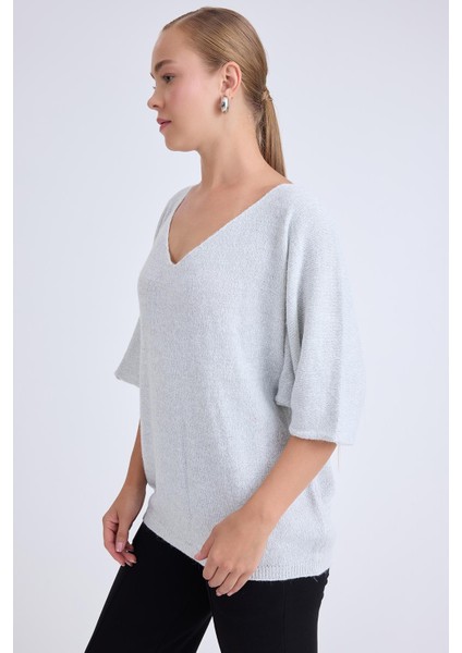 V Yaka Yarım Kol Simli Salaş Bluz fiyatları
