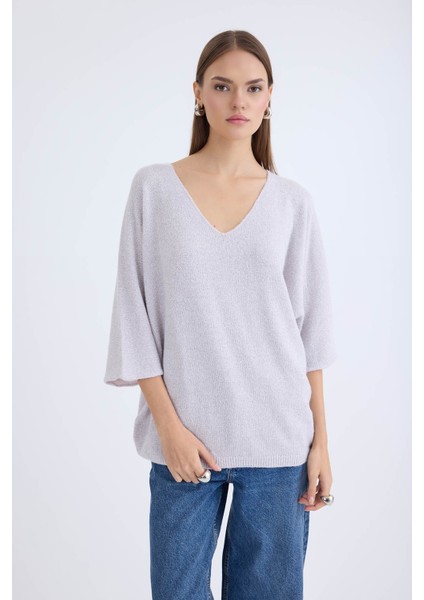 V Yaka Yarım Kol Simli Salaş Bluz