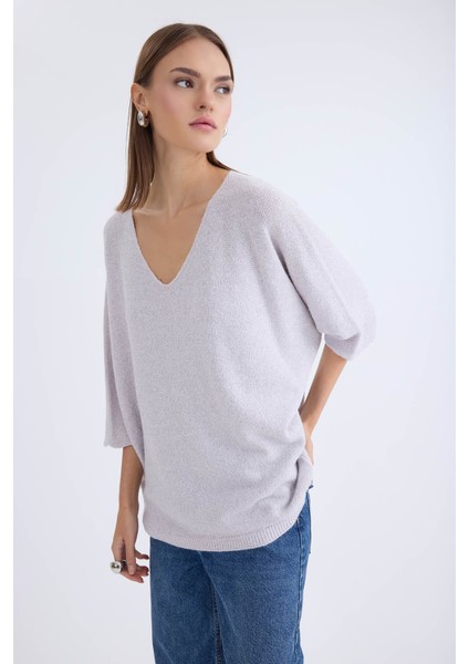V Yaka Yarım Kol Simli Salaş Bluz modelleri
