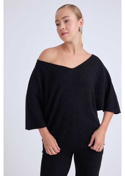 V Yaka Yarım Kol Simli Salaş Bluz