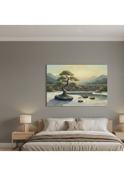 Kanvas Tablo: Japon Zen Bahçesi ve Bonsai Ağacı Manzarası Rahatlatıcı Büyük Tablo