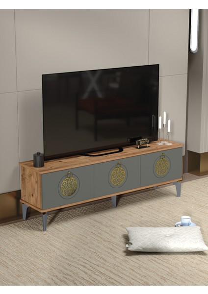 Tv Sehpası Tv Ünitesi Atlantik Çam Antrasit Gold 160 cm Saraylı 5060