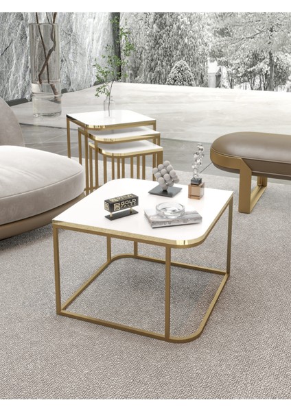 Orta Sehpa ve Zigon Sehpa Damla Gold Beyaz