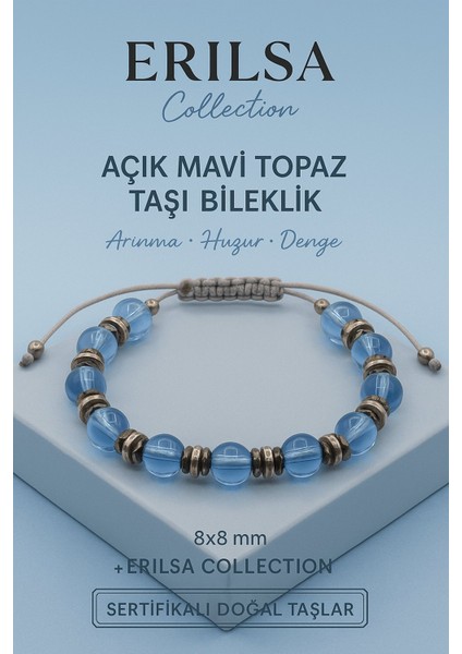 Sertifikalı Açık Mavi Topaz Doğal Taş Bileklik - 8x8 mm Sakinlik Netlik ve Güven Enerjisi Taşı