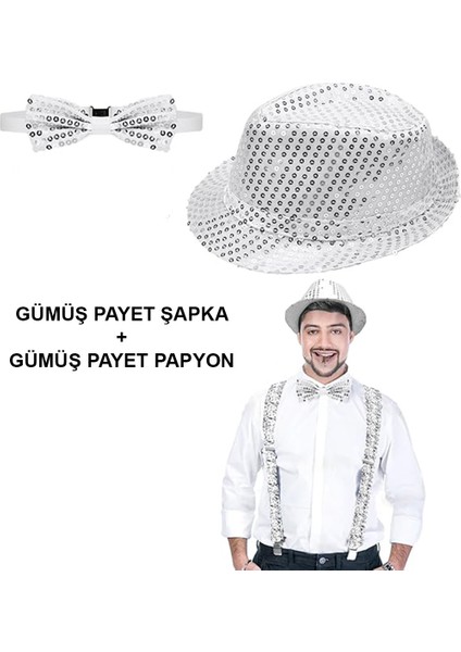 Gümüş Payetli Şapka ve Papyon Seti – Parıltılı Yetişkin Kostüm Seti