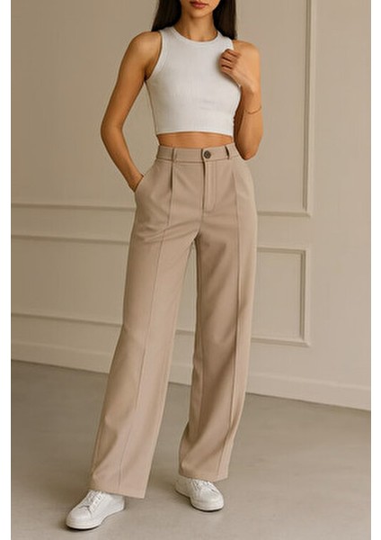 Yüksek Bel Dikiş Detaylı Kadın Kumaş Pantolon Geniş Paça Cepli Siyah Renk fiyatları