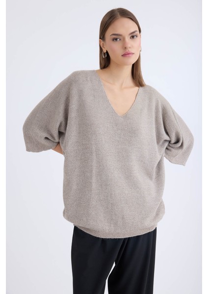 V Yaka Yarım Kol Simli Salaş Bluz