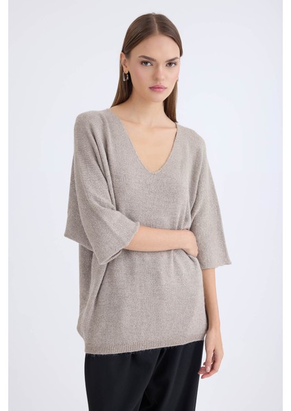 V Yaka Yarım Kol Simli Salaş Bluz modelleri