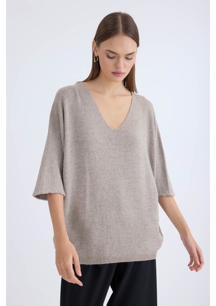 V Yaka Yarım Kol Simli Salaş Bluz