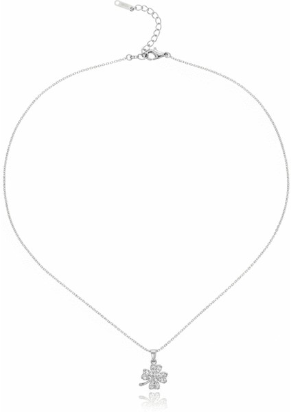 Kadın Çelik Kolye - Yonca Yaprağı Tasarım - Baget Kesim - Beyaz Zirkon Taşlı - Gümüş Renk indirimleri