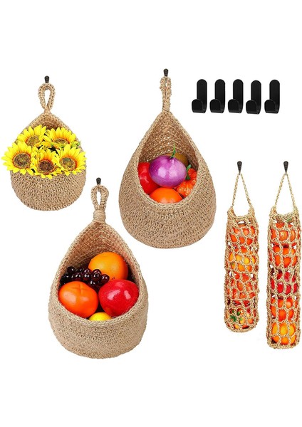 5 Adet Asılı Mutfak Depolama Sepeti Seti, Duvar Asılı Meyve Sepetleri Kiler Organizatör Sebze Kaleci 5 Kanca ile (Yurt Dışından)