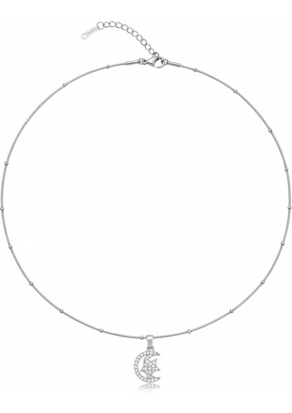 Kadın Çelik Kolye - Ay Yıldız Tasarım - Beyaz Zirkon Taşlı - Stres Çarkı Model - Gümüş Renk indirimleri
