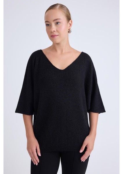 V Yaka Yarım Kol Simli Salaş Bluz modelleri