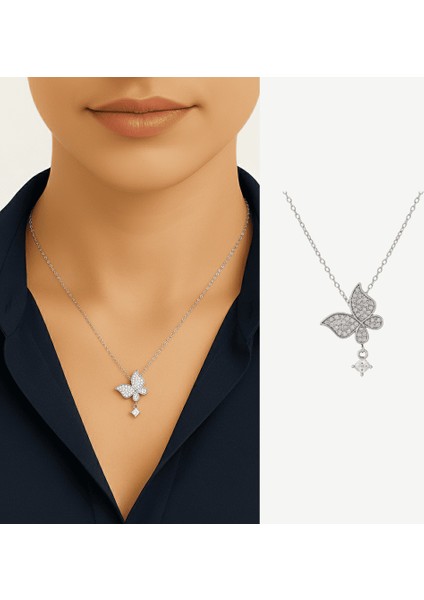 Kadın Çelik Kolye - Kelebek Tasarım - Beyaz Zirkon Taşlı - Tek Taş Süslemeli - Gümüş Renk fiyatları