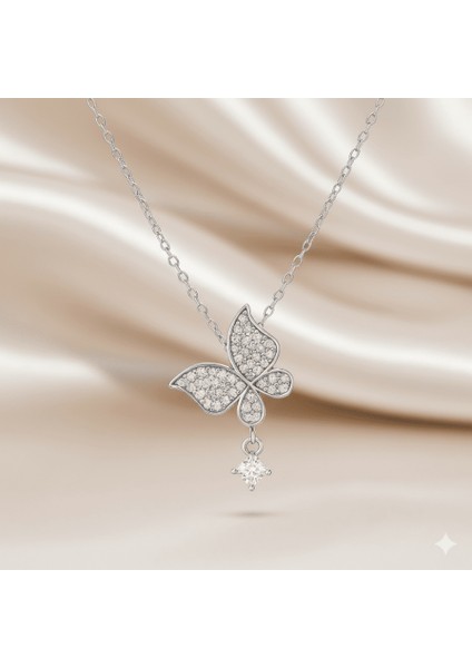 Kadın Çelik Kolye - Kelebek Tasarım - Beyaz Zirkon Taşlı - Tek Taş Süslemeli - Gümüş Renk fırsatları