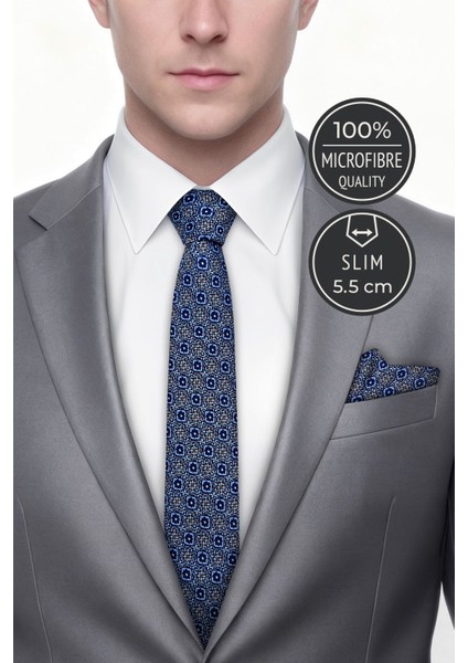 Slim Mozaik Desen Mavi Kravat & Mendil fiyatları